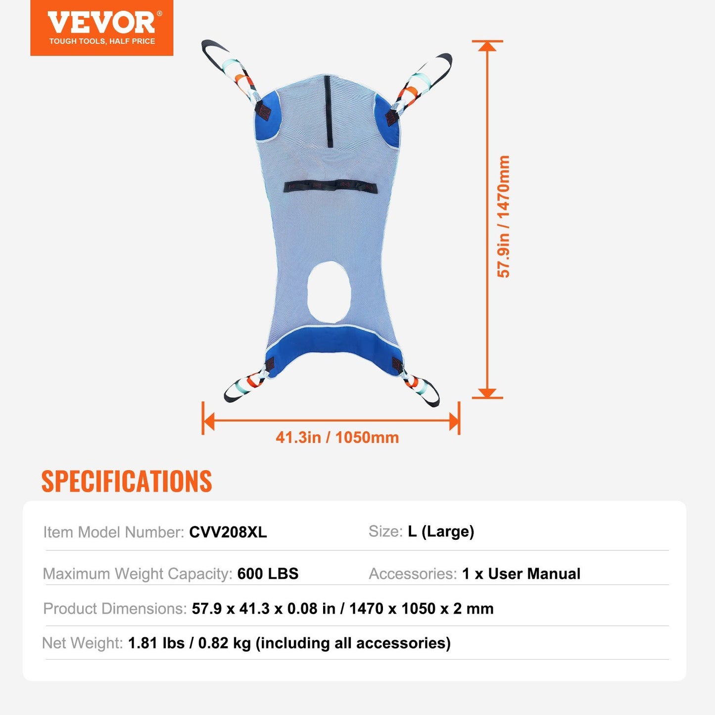 VEVOR Full Body Patient Lift Sling With Commode Opening Medical Aid Sling L-Size,147 X 105cm, 600LBS