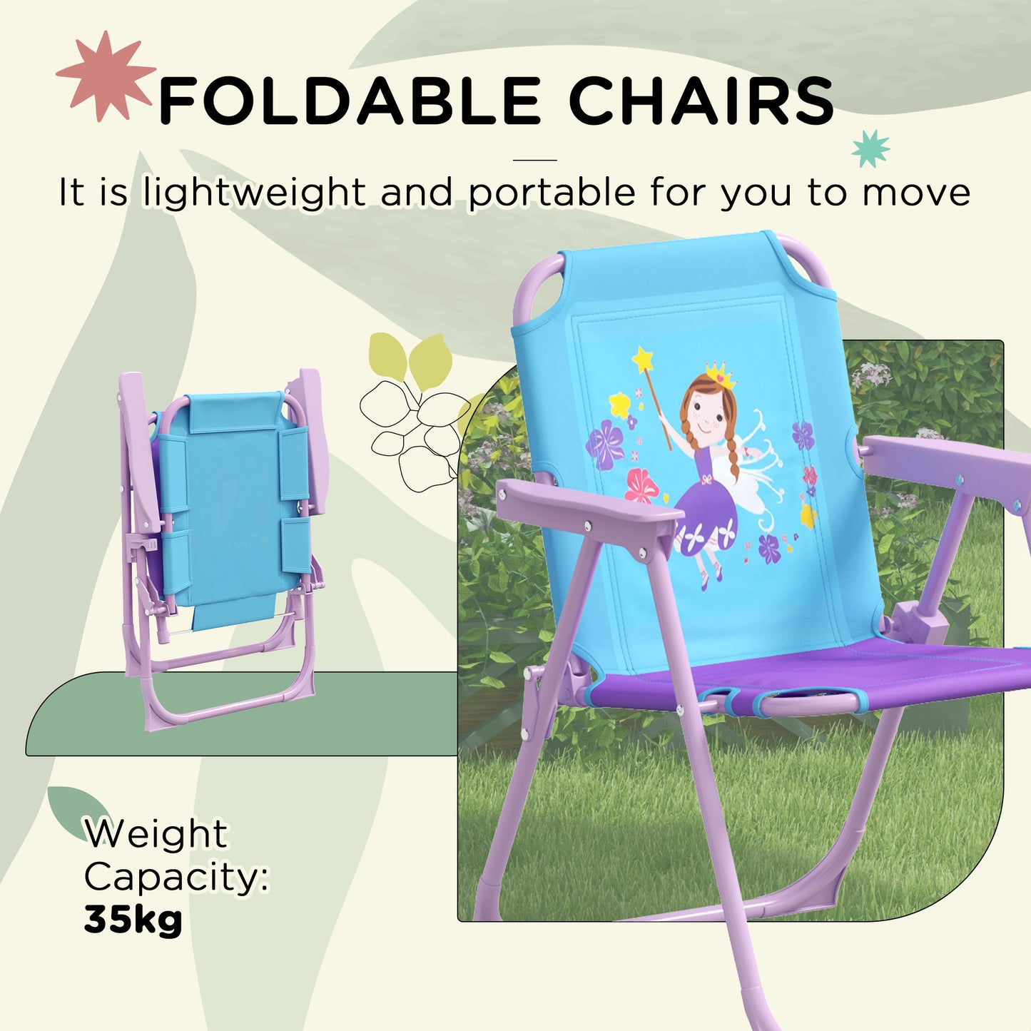 Kids Picnic Table And Chair Set, Fairy Themed Outdoor Garden Furniture W/ Foldable Chairs, Adjustable Parasol