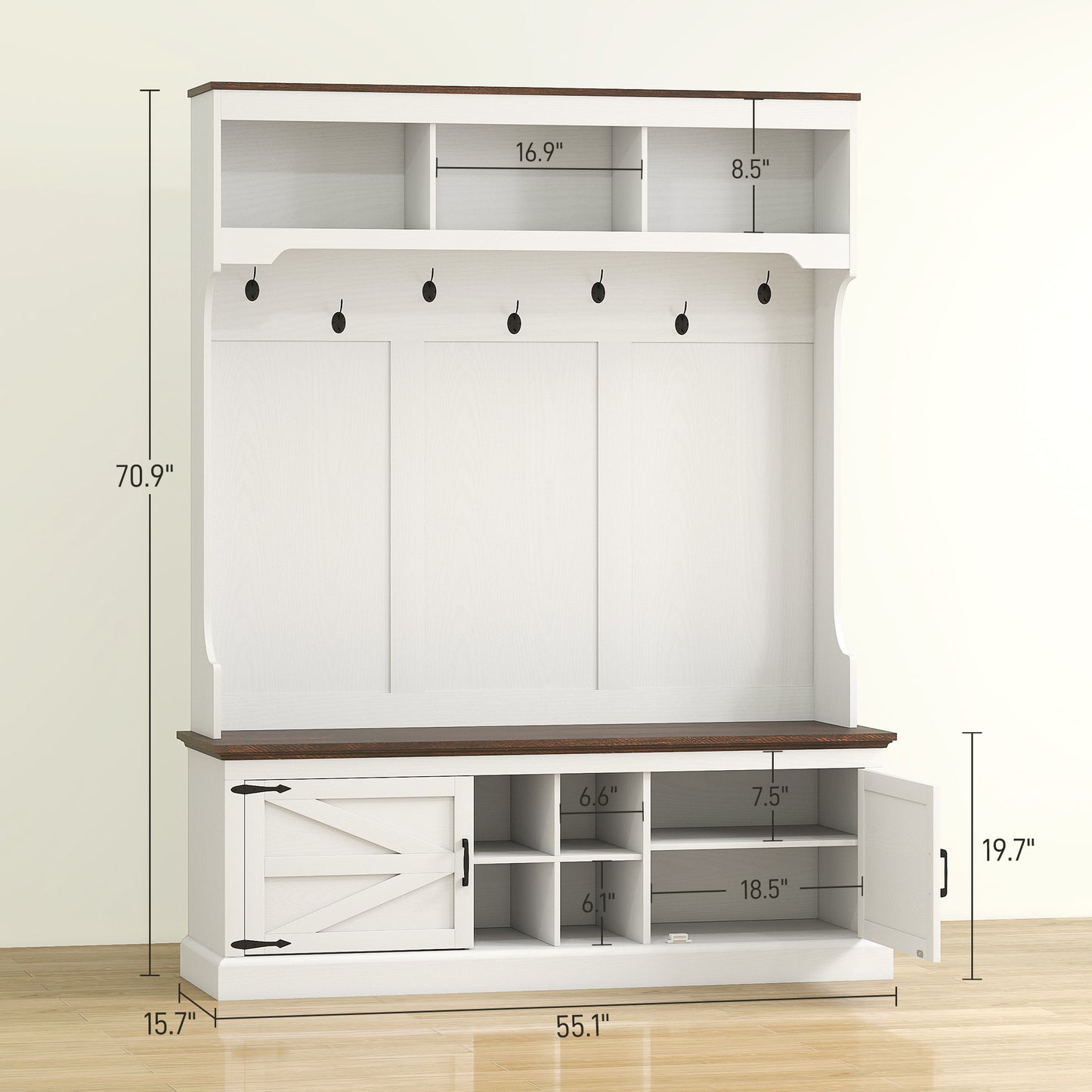 3-in-1 Hall Tree With Shoe Storage, Coat Rack With Bench, Entryway Furniture With Hooks, White Wood Grain