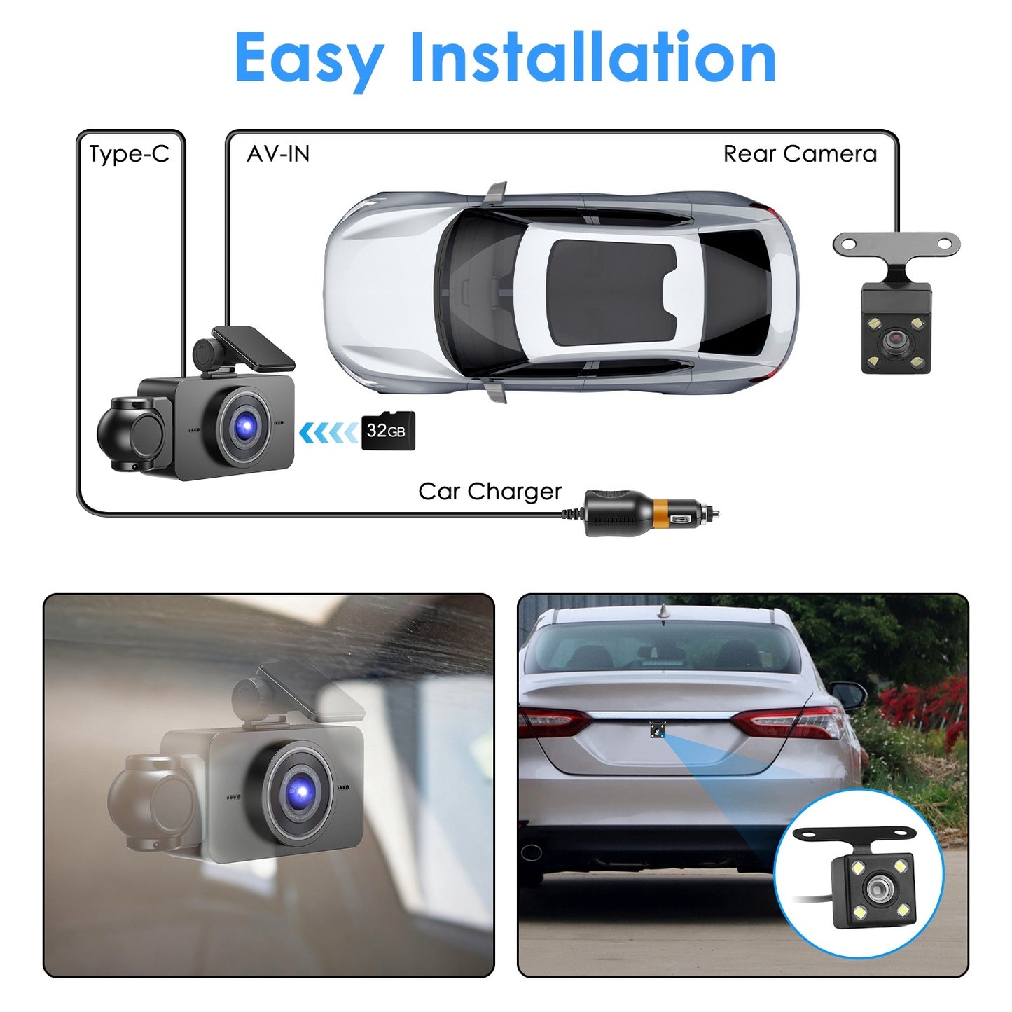 WiFi FHD 1080P 3 Channel Car Dash Cam Front Rear Inside With 32G MMC Card Motion Detection Loop Recording Infrared Night Vision Surveillance Car Camera With App Control