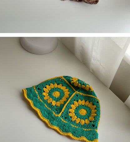 Handmade Design Double Color Hollow Basin Hat Women''s Japanese Knitted Crochet Bucket Hat Korean Wool Fisherman Hat