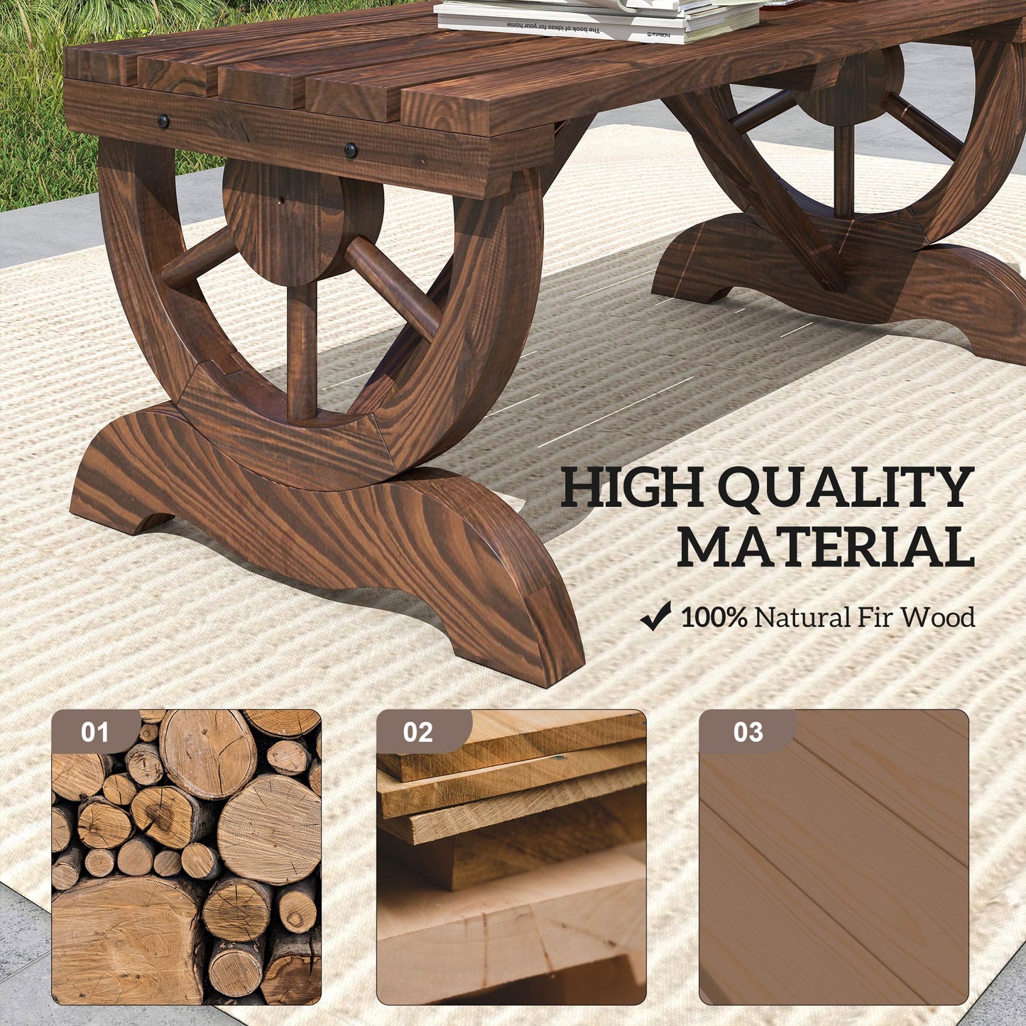 2-Person Wooden Garden Bench, Outdoor Wagon Wheel Porch Bench for Backyard Garden, Support 550 LBS, Rustic Country Style Patio Furniture, Brown