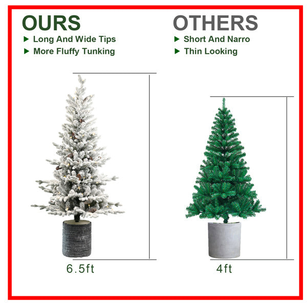 Artificial 6.5ft Decorated Flocking Basin Tree With 1386 PE PVC Mixed Branch Tips, Pine Cone X31, 350L Wram White Light, Holiday Decorating