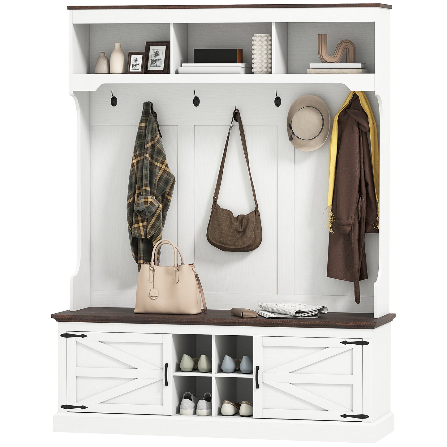3-in-1 Hall Tree With Shoe Storage, Coat Rack With Bench, Entryway Furniture With Hooks, White Wood Grain