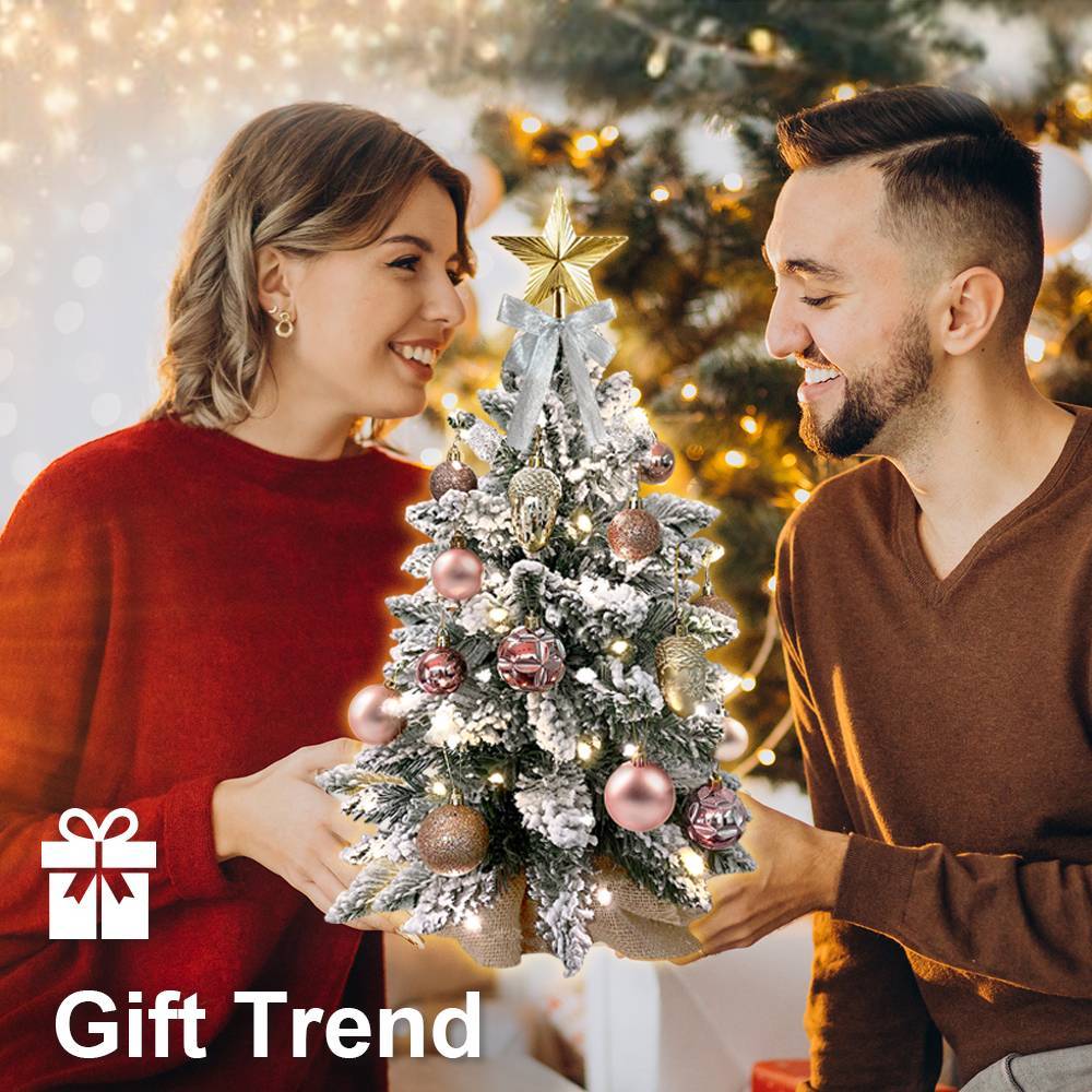 22in Tabletop Artificial Mini Rose Gold Christmas Tree W Light With Flocked Snow