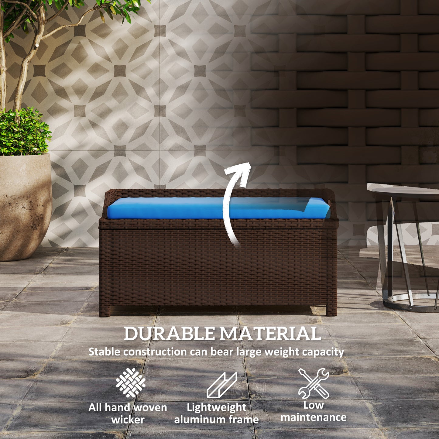 Outdoor Wicker Storage Bench With Storage & Cushion, Blue