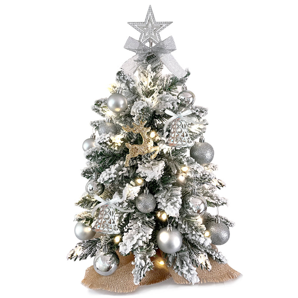22in Tabletop Artificial Mini Silver Christmas Tree With Light With Flocked Snow