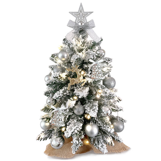 22in Tabletop Artificial Mini Silver Christmas Tree With Light With Flocked Snow