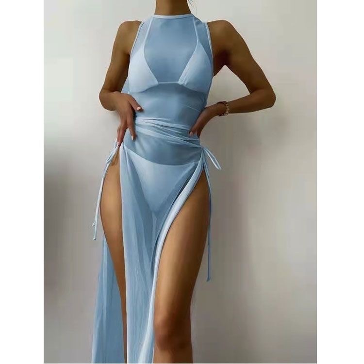 Swimsuit Solid Color Mesh Split Three Piece Set