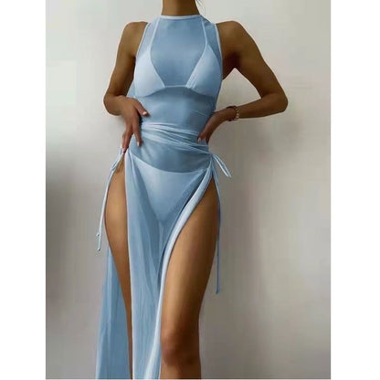 Swimsuit Solid Color Mesh Split Three Piece Set