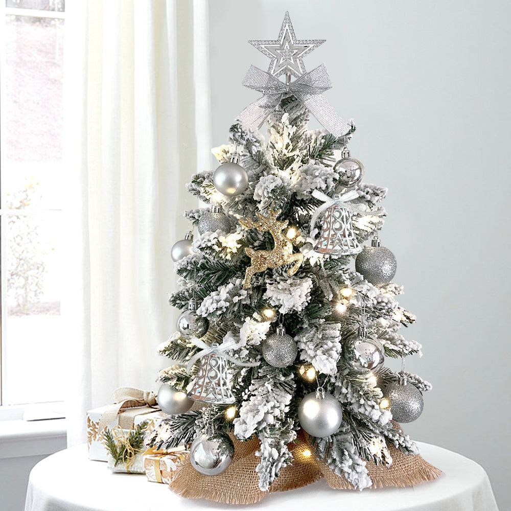 22in Tabletop Artificial Mini Silver Christmas Tree With Light With Flocked Snow