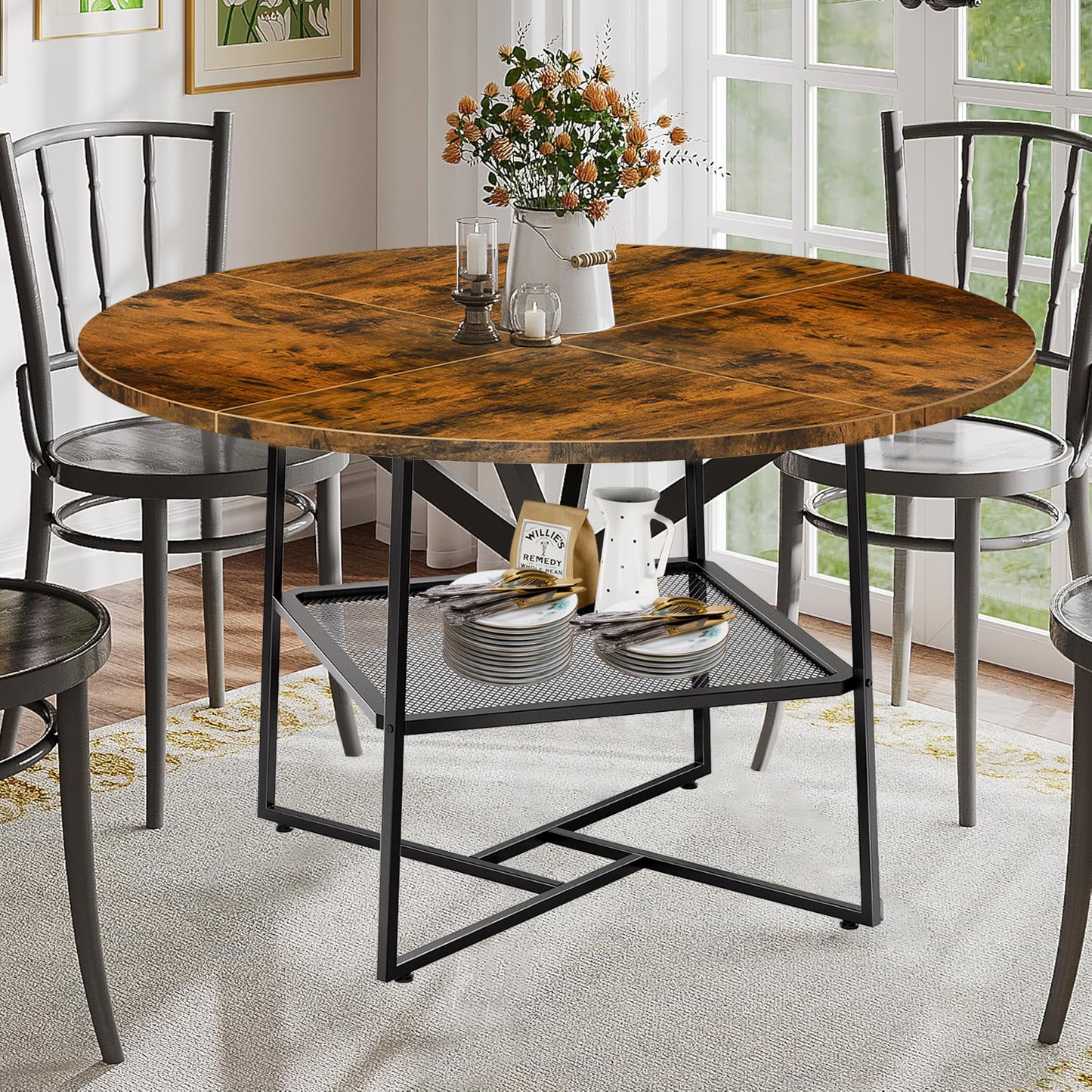 51inch Round Dining Table For 4-6  Tiger Stripes Black Wooden Dining Room Table With Storage Shelf Space Saving Circle Dinner Table With Metal Legs For Kitchen Living Room Dining Restaurant Furniture