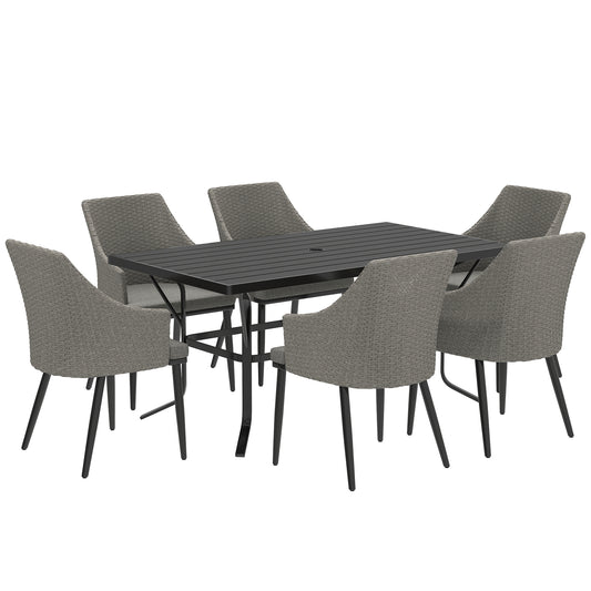6 Seater Rattan Dining Set With Cushions, Garden Furniture Set With Armchairs, Rectangle Slatted Table Top, Steel Frame, Parasol Hole, Wicker Outdoor Furniture For Patio, Balcony, Grey