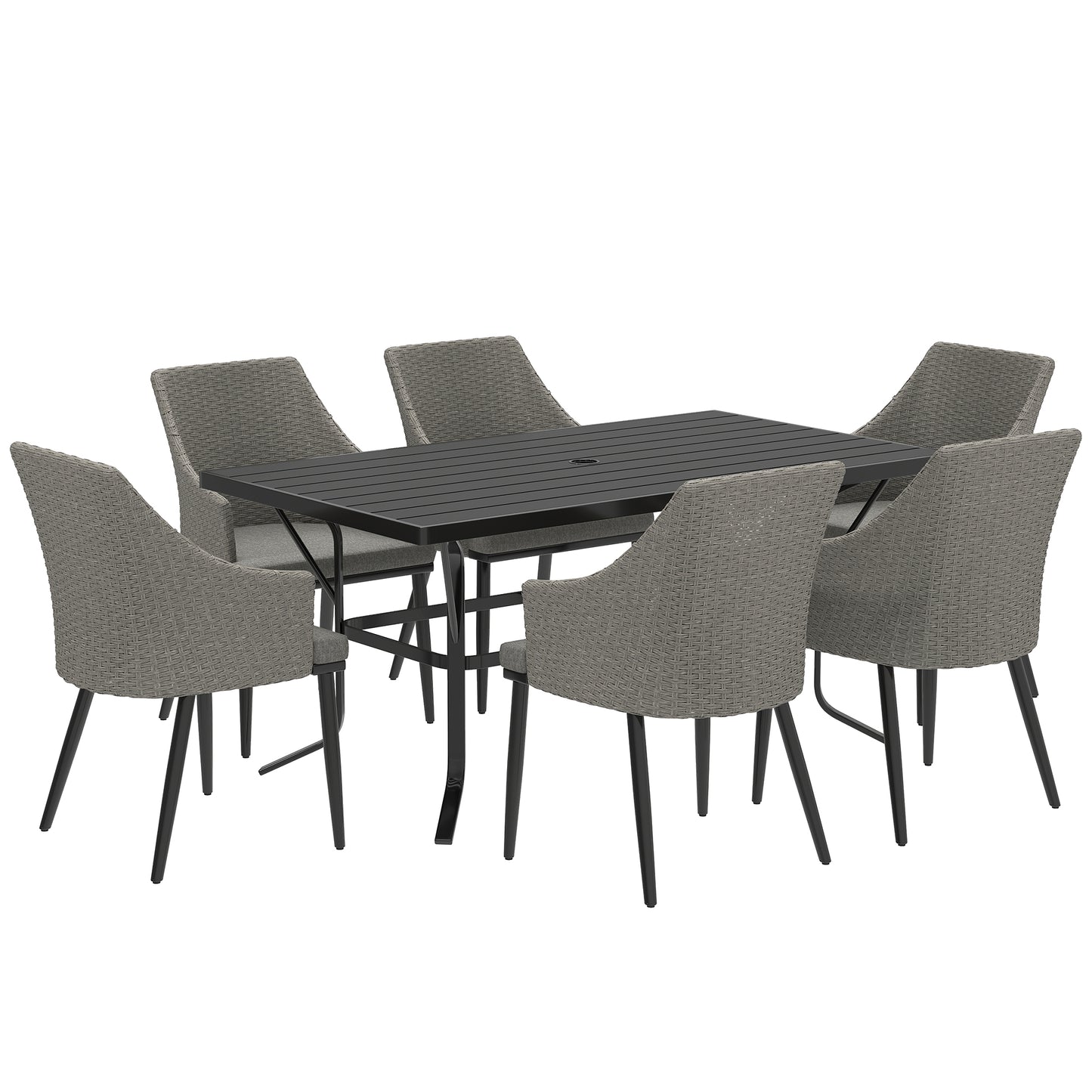 6 Seater Rattan Dining Set With Cushions, Garden Furniture Set With Armchairs, Rectangle Slatted Table Top, Steel Frame, Parasol Hole, Wicker Outdoor Furniture For Patio, Balcony, Grey