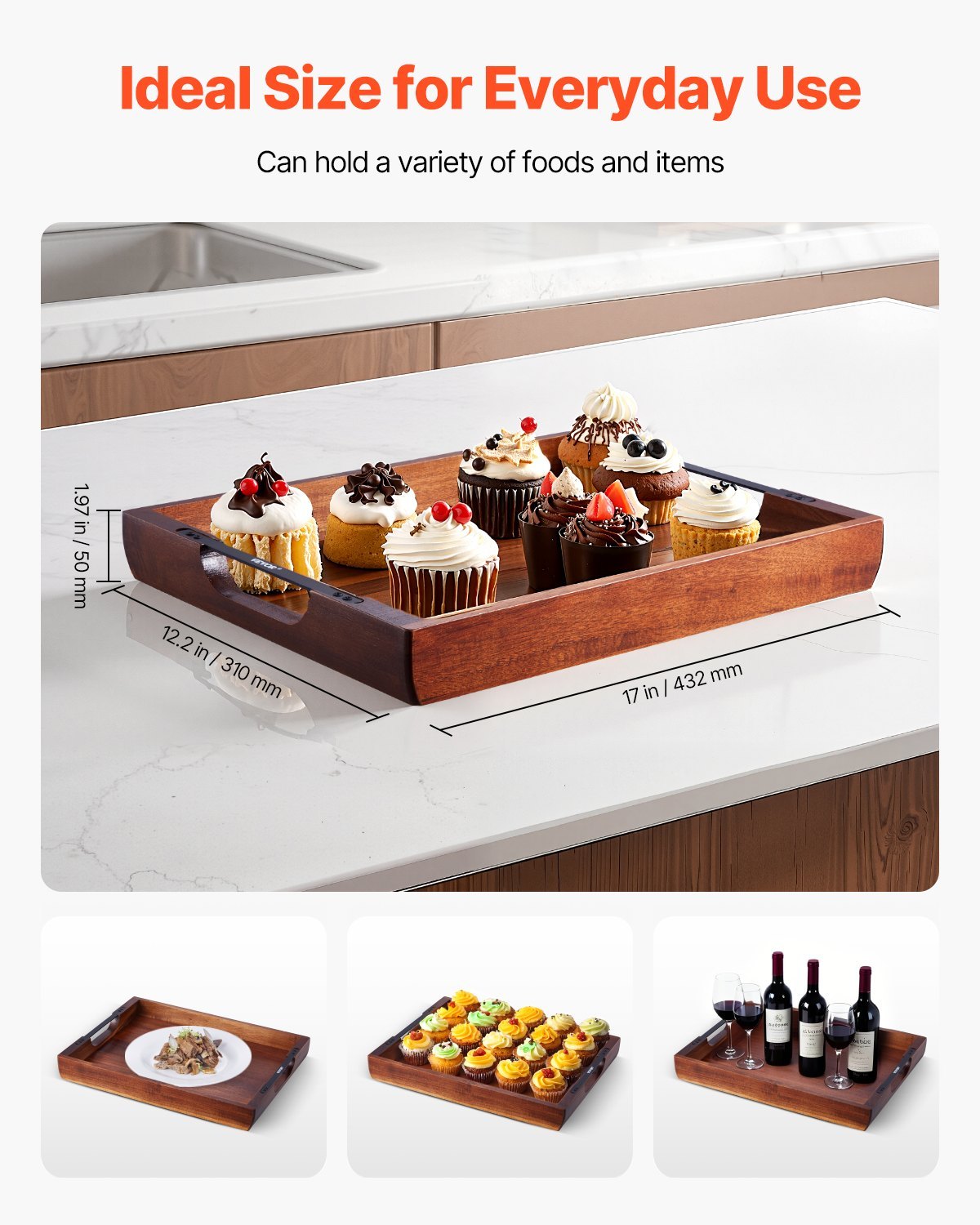 Serving Tray 17x12.2 Inch Acacia Food Serving Table Laptop Desk With Handles