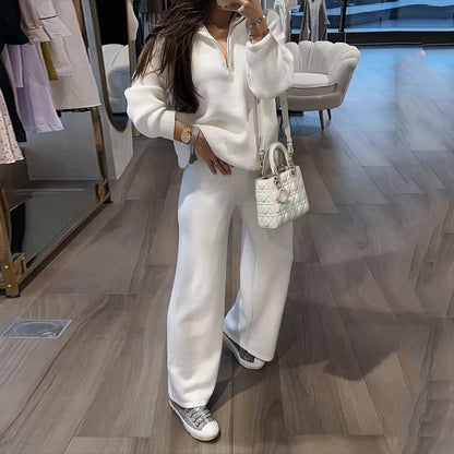 Autumn Fashion Solid Color Zipped Stand Collar Leisure Sports Sweater Two-piece Set