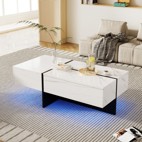 High Gloss Coffee Table, White Marble-Effect Structure With Matching Black Risers, Living Room Furniture,With App-Controlled LED Lighting System