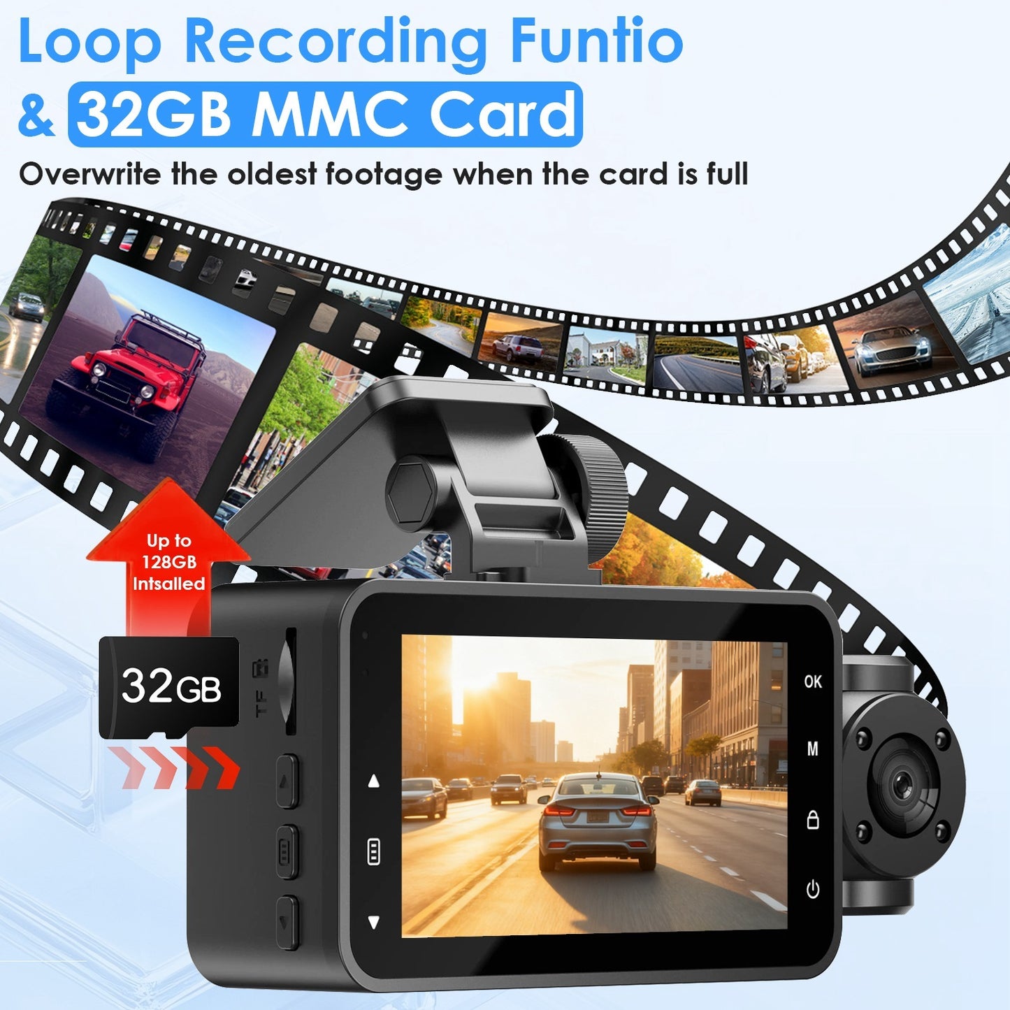WiFi FHD 1080P 3 Channel Car Dash Cam Front Rear Inside With 32G MMC Card Motion Detection Loop Recording Infrared Night Vision Surveillance Car Camera With App Control