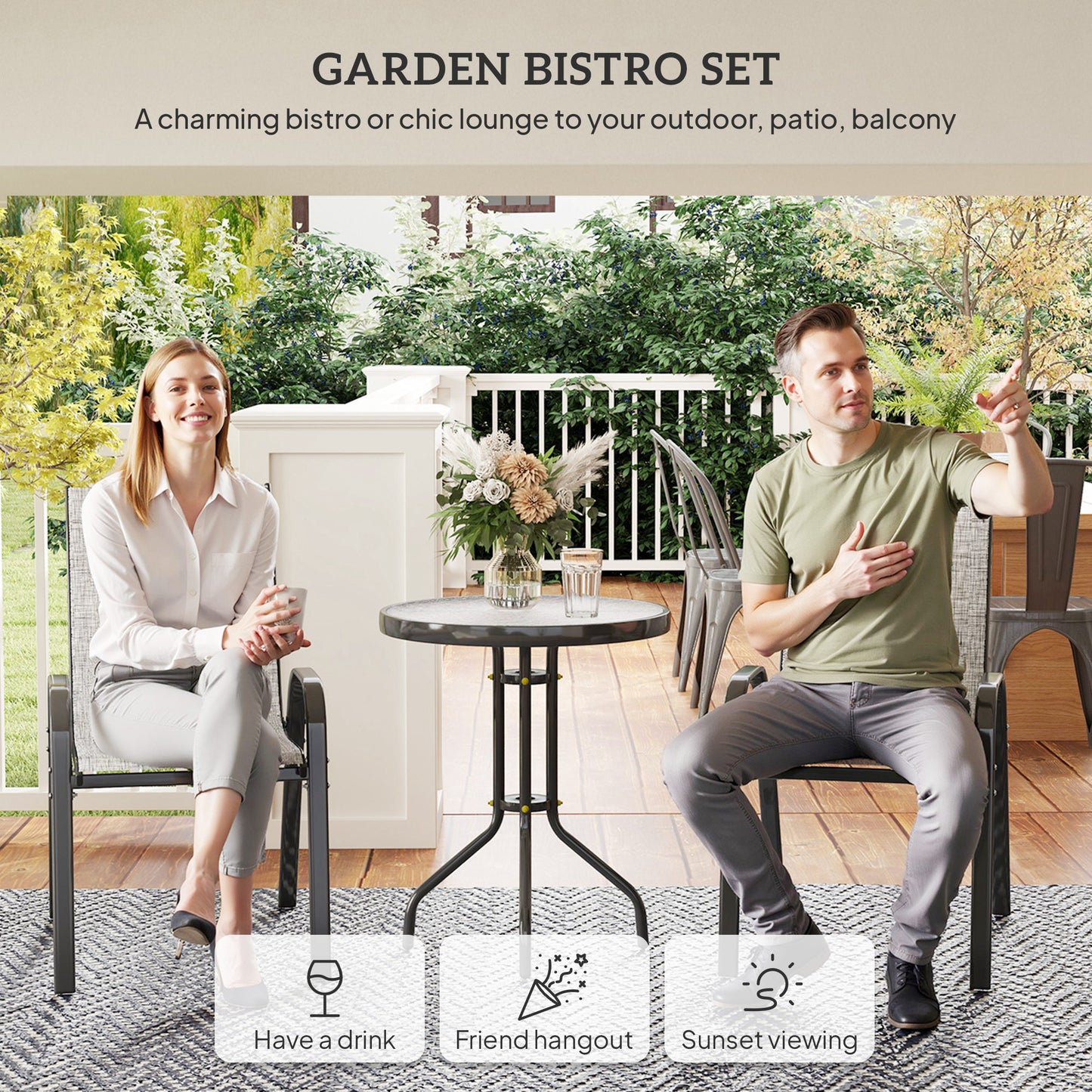 3 Pieces Bistro Set, Small Patio Furniture Set With Stackable Chairs And Glass Table For Backyard, Balcony, Gray