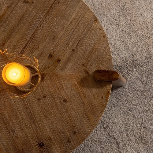 Wood Round Coffee Table For Living Room, Rustic Natural Coffee Table For Apartment, Easy Assembly