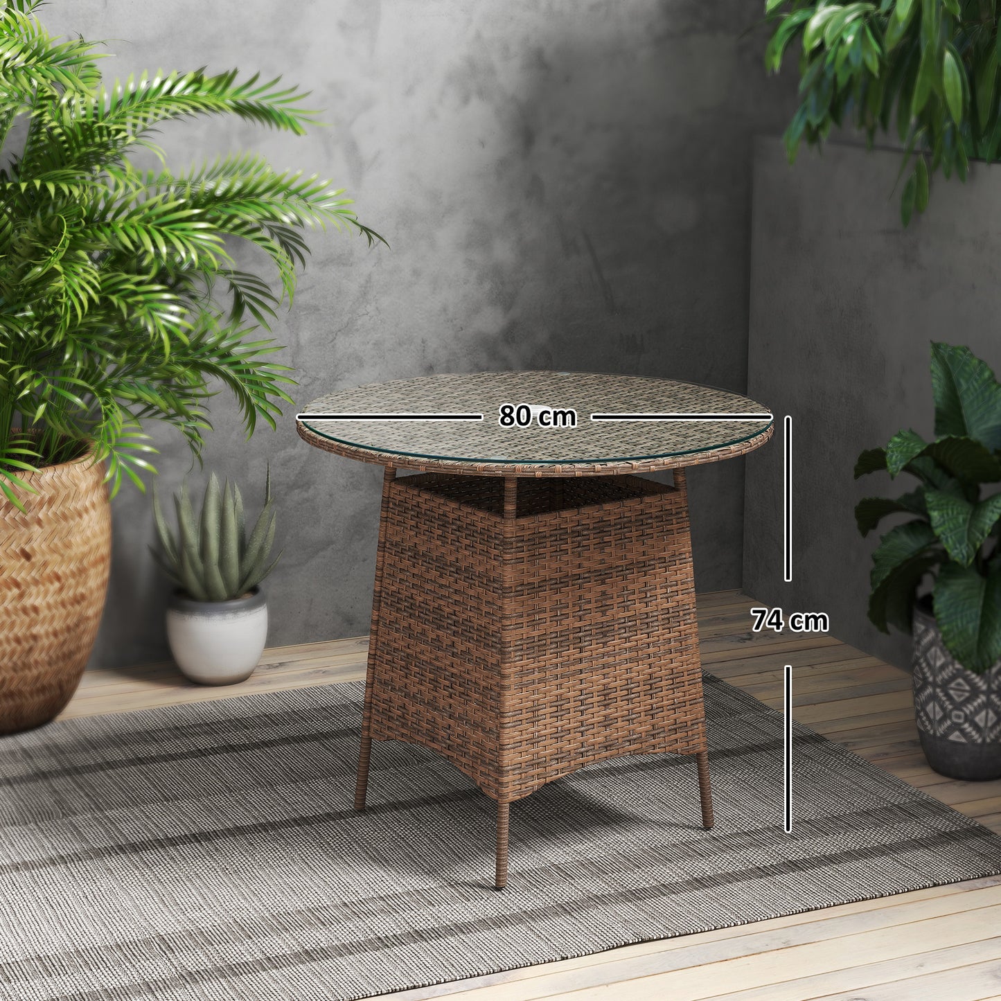 Wicker Garden Rattan Table, Patio Furniture Outdoor Coffee Table With Umbrella Hole And Tempered Glass Top, Brown