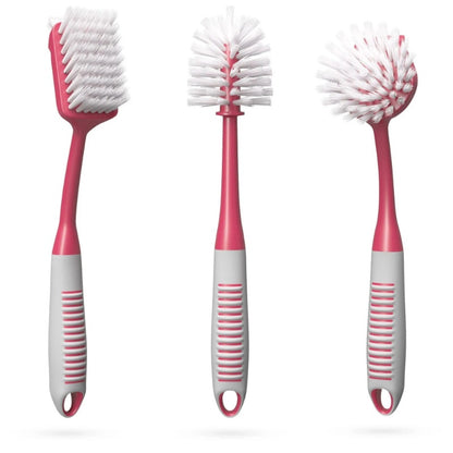 Red Dish Brush Set Of 3 With Bottle Water Brush Dish Scrub Brush And Scrubber Brush For Kitchen Ergonomic Non Slip Long Handle