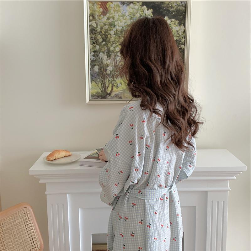 Cherry Plaid Cute Bathrobe Long