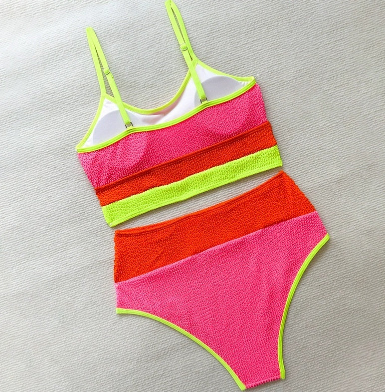 Split Color Contrast Patchwork High Waist Bikini Two-piece Set