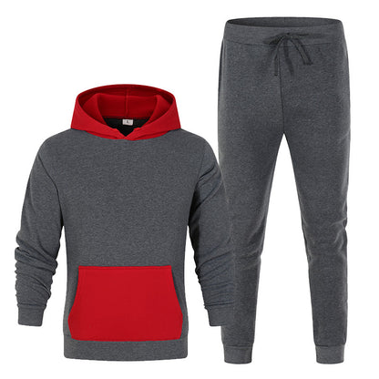 Contrasting Color Sweater Suit, Sports And Leisure Suit, Plain Solid Color Hoodie  Trousers 2-piece Set
