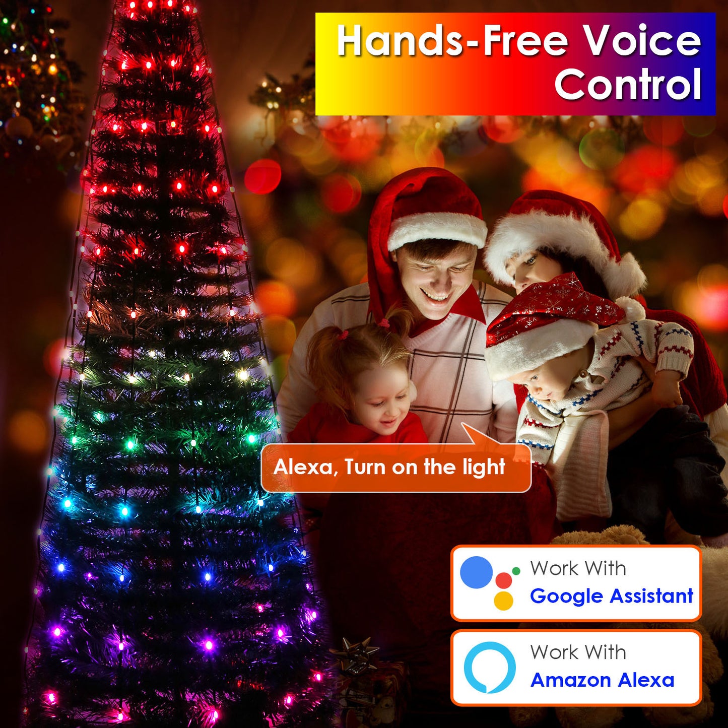 4.9FT S-5.9FT L Options -- 1Pc Collapsible Christmas Tree Light With Remote App Control IP65 Waterproof Customized Multi-Color Mode Timer Setting Work With Alexa Google