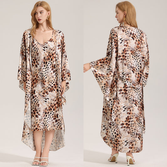 Elegant Printed Satin Chiffon Camisole Robe SpringSummer Two-Piece Set