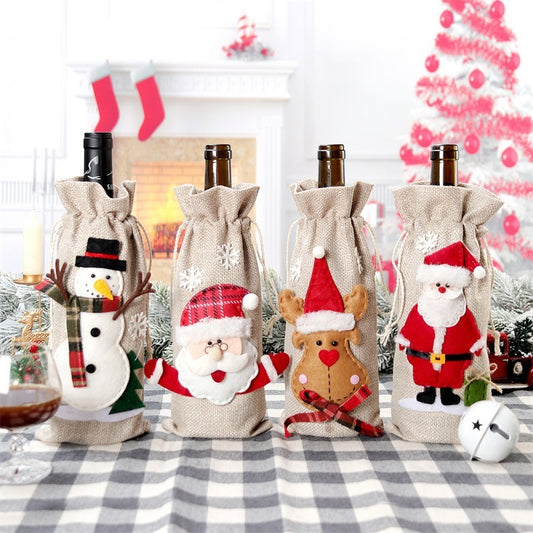 Christmas Holiday Decorations Linen Red Wine Bottle Bag