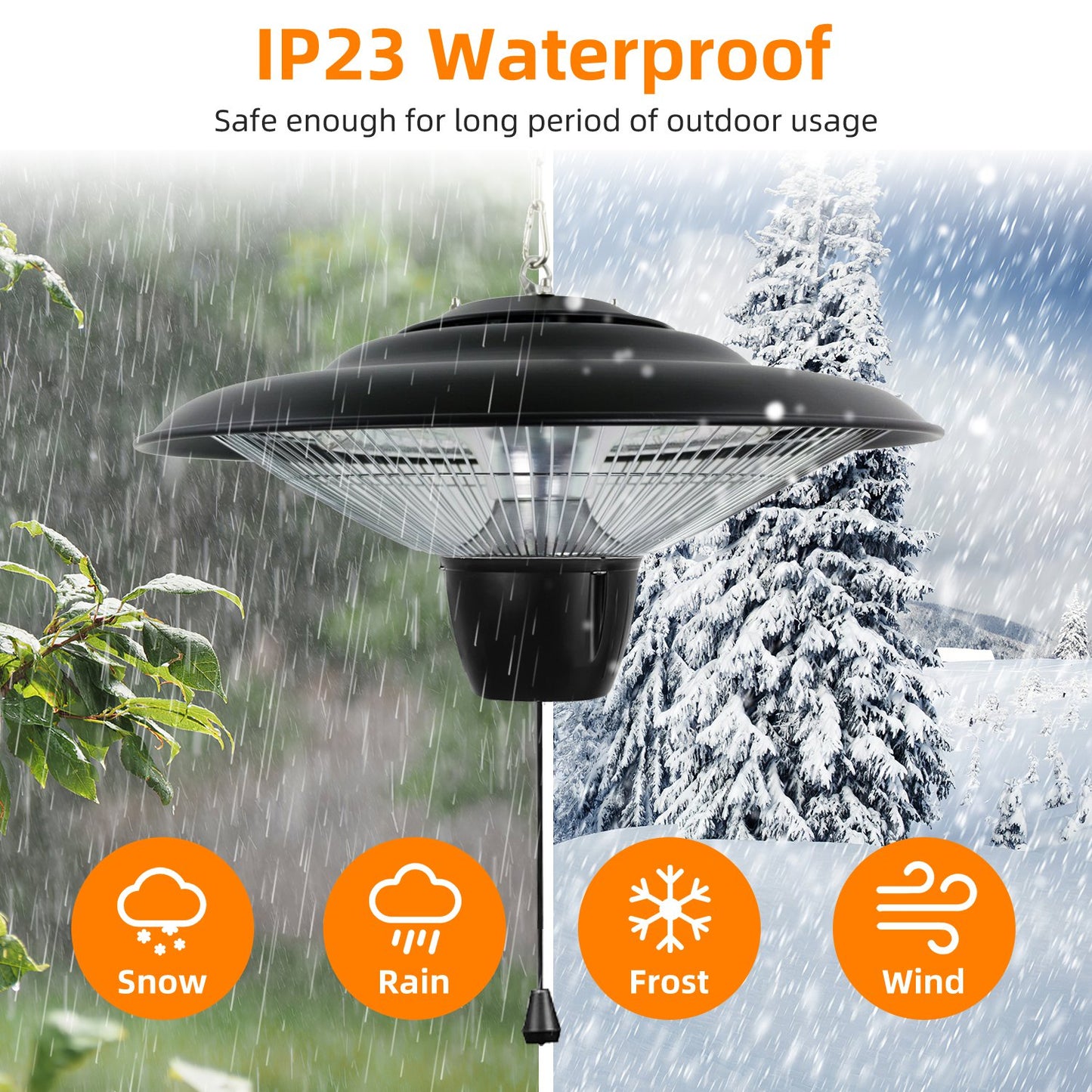 1Pc 1500W Outdoor Hanging Patio Heater Ultra-Quiet Electric Heating Lamp IP23 Waterproof 2 Heating Levels Overheating Protection Ceiling Mounted Outdoor Heater