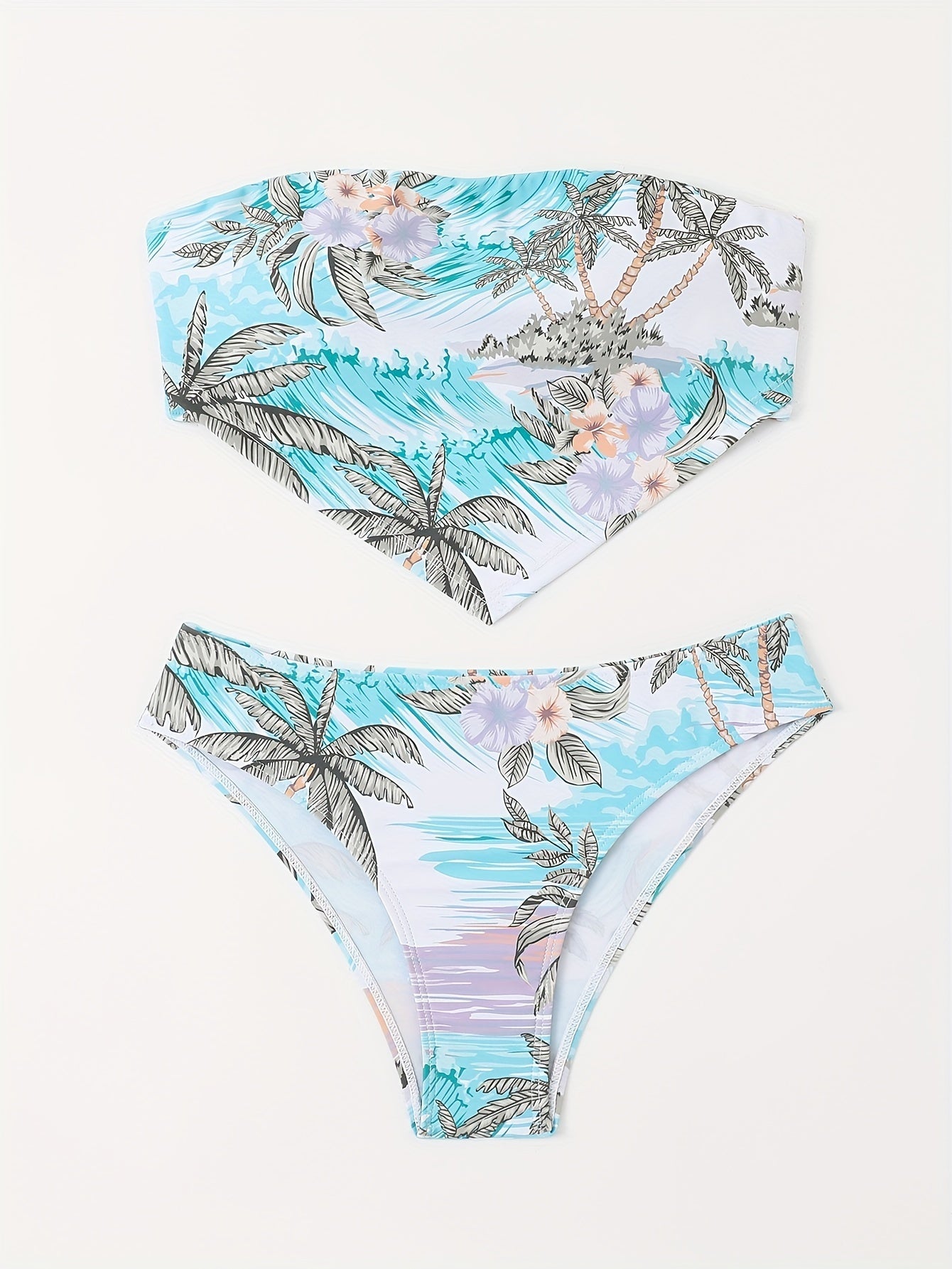 Women's Fashionable Two-piece Bikini Set With Square Scarf And Plunging Top - Beach Style