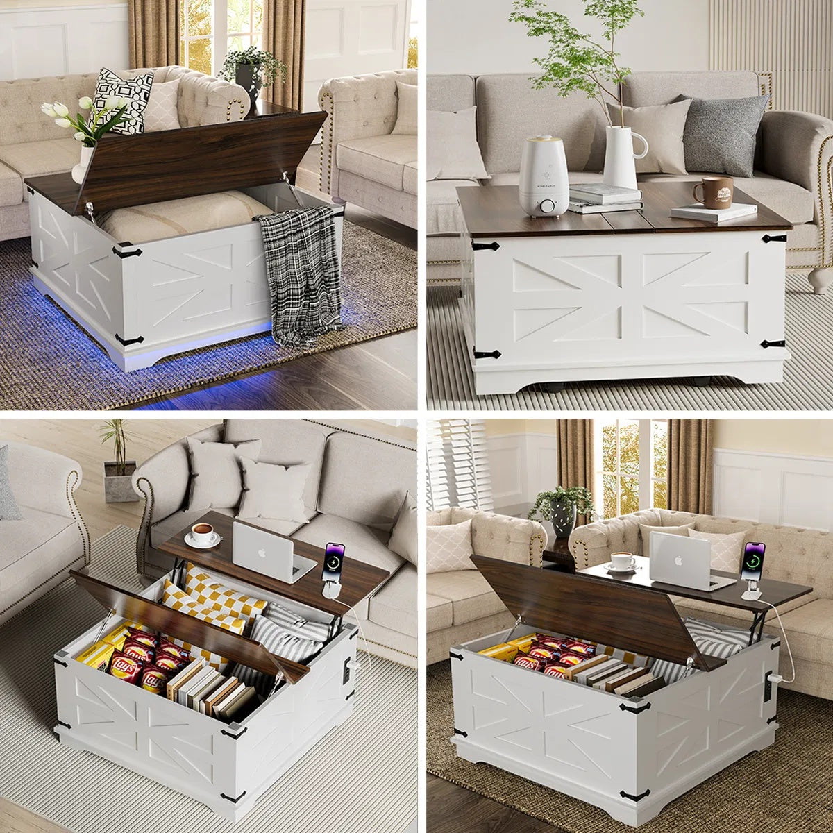 Farmhouse Coffee Table With Lift-Top, USB Charging Station & Hidden Storage - Sturdy Wooden Base