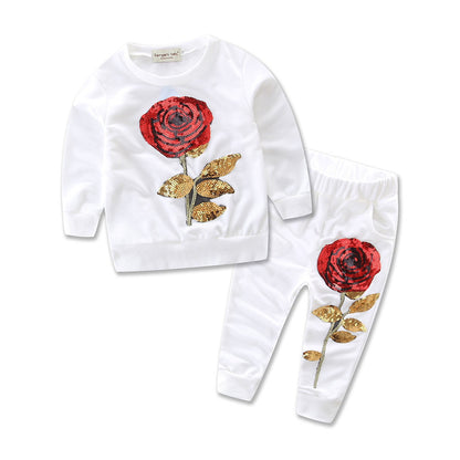 Girls' rose embroidered sports sweater 2-piece set