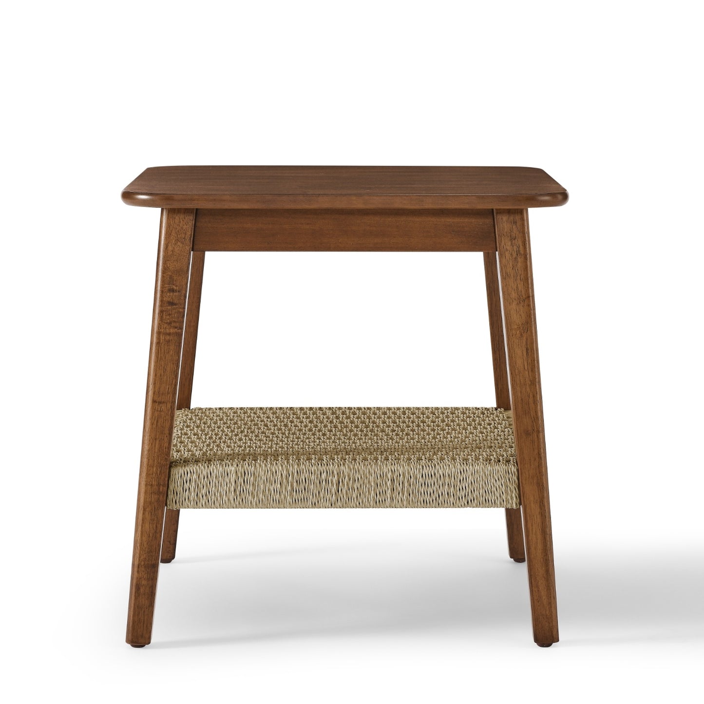 Mid-Century Side Table With Woven Shelf, Boho Bedside Storage Table