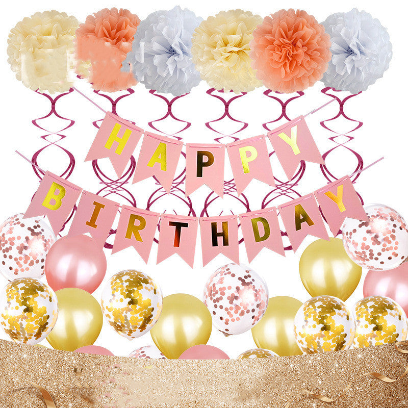 Birthday Party Set Paper Flower Ball Letter Pull Flag Birthday Party Decoration Sequined Balloon