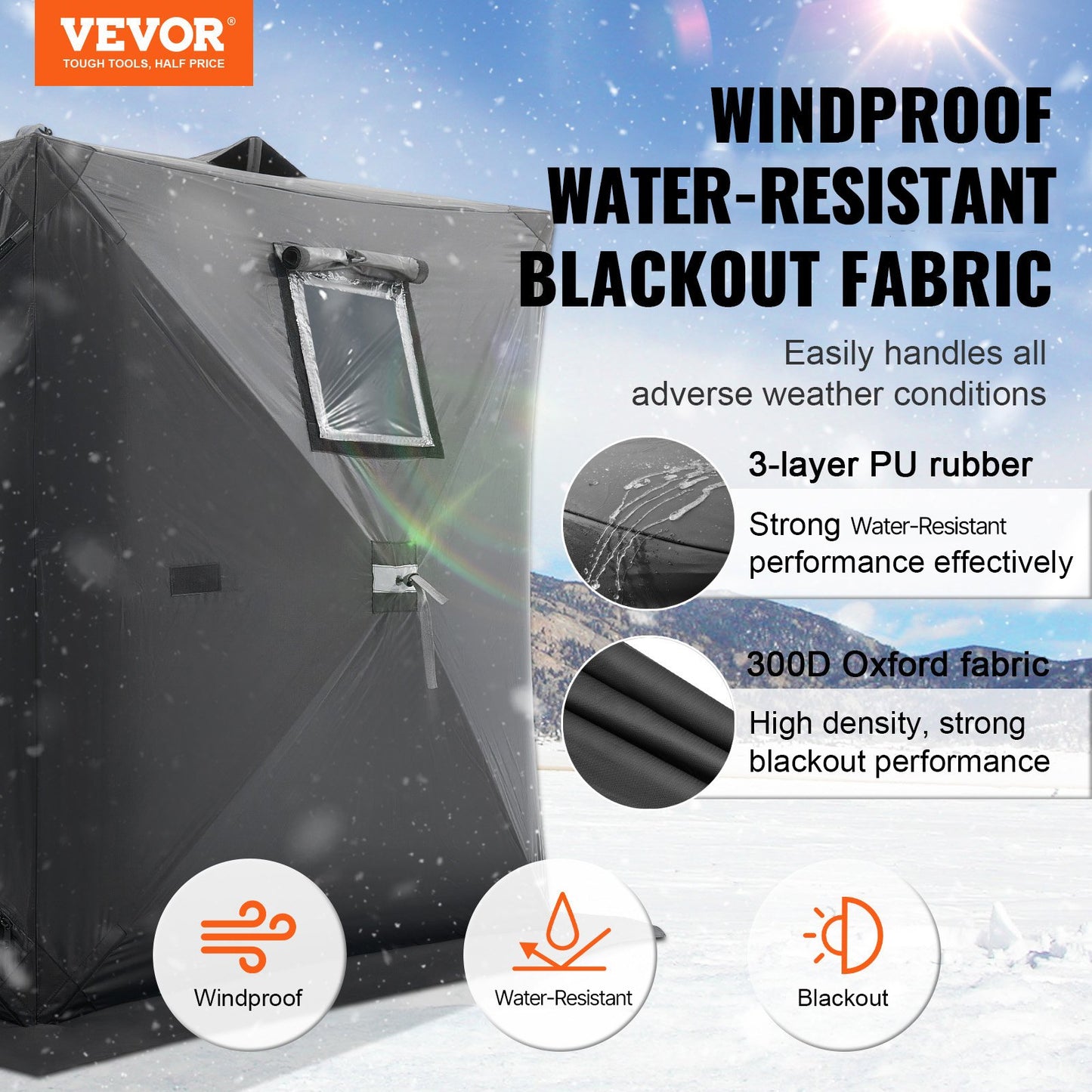 Portable Ice Shelter, 1-2 Person Pop-Up Ice Fishing Tent, 24 Square Feet Fishable Area, Ice Shanty For Winter Fishing, Waterproof Oxford Ice Cube With Anchors/Ropes/Carrying Bag, 60"x60", Black