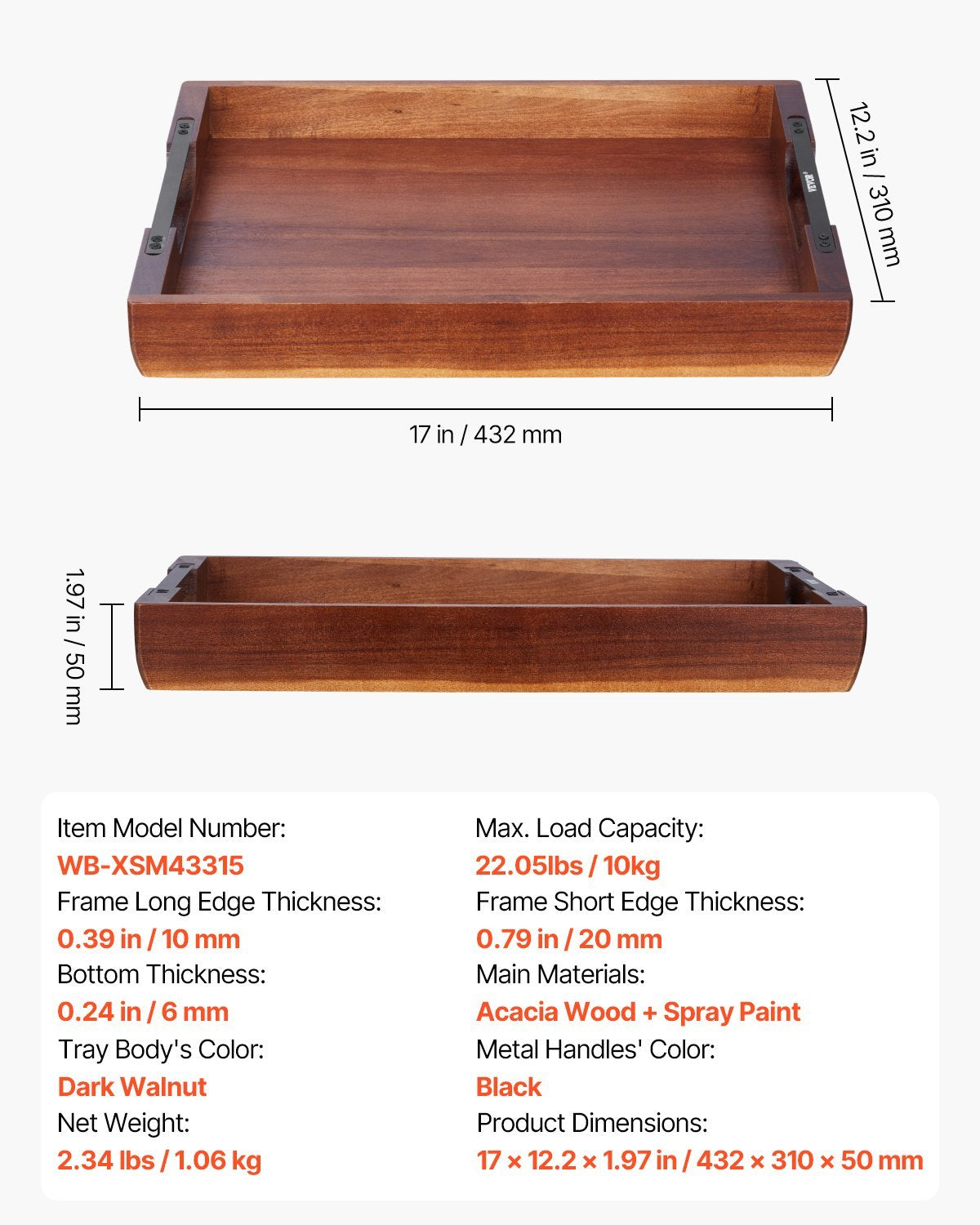 Serving Tray 17x12.2 Inch Acacia Food Serving Table Laptop Desk With Handles