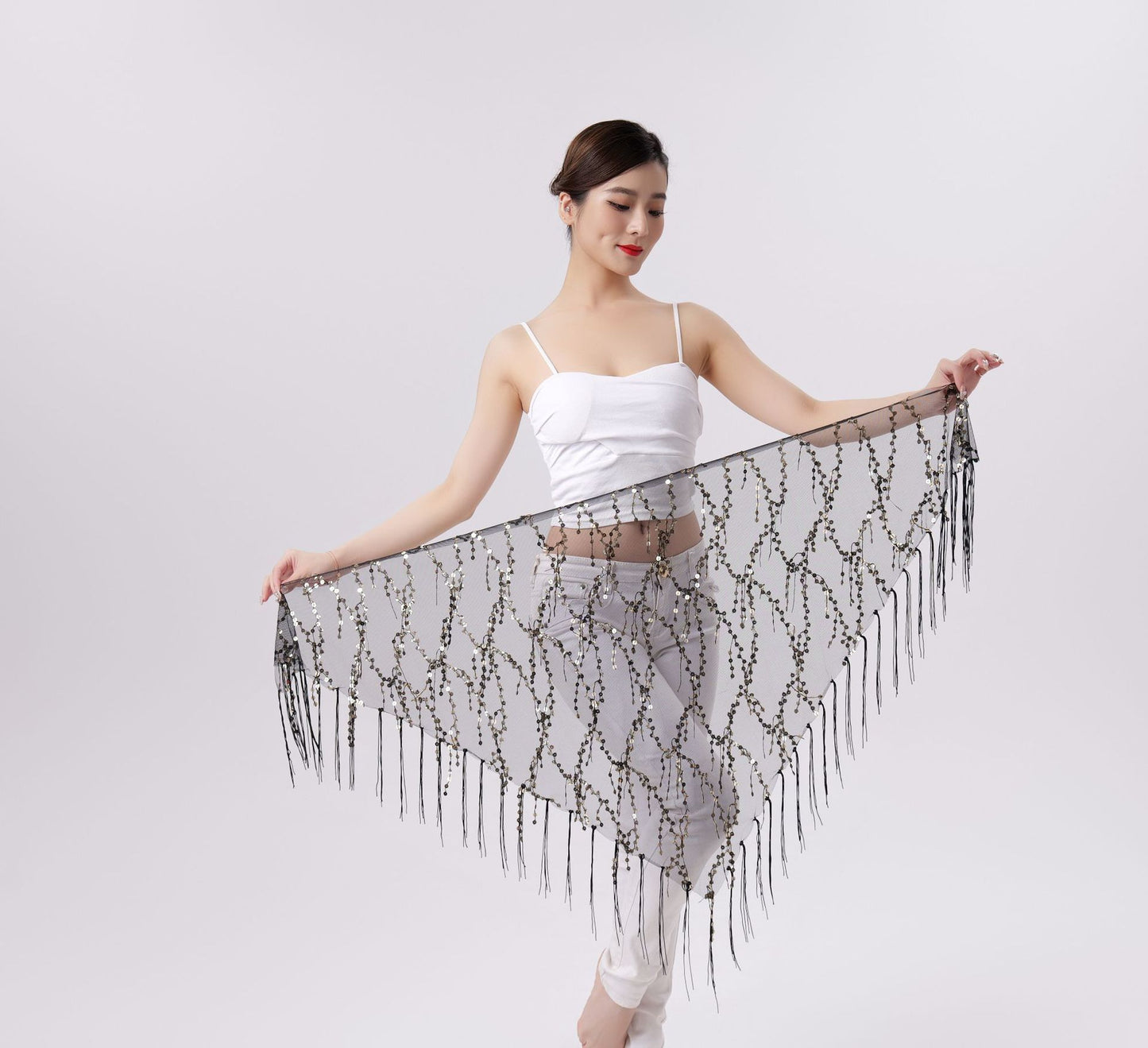 Belly Dance Sequins Tassel Triangle Waist Scarf
