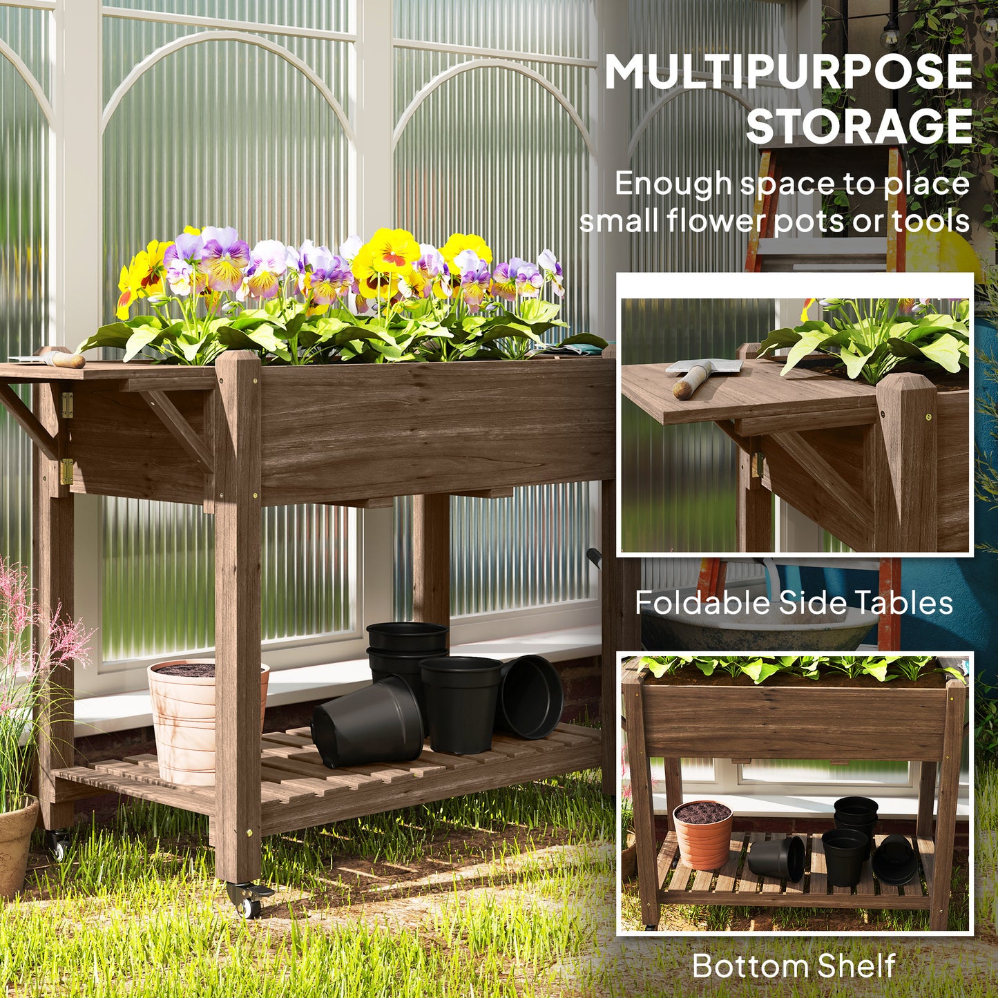 Wood Raised Planter Box, Elevated Garden Bed With Lockable Wheels, Side Tables, Bottom Shelf, Drain Holes, Carbonized