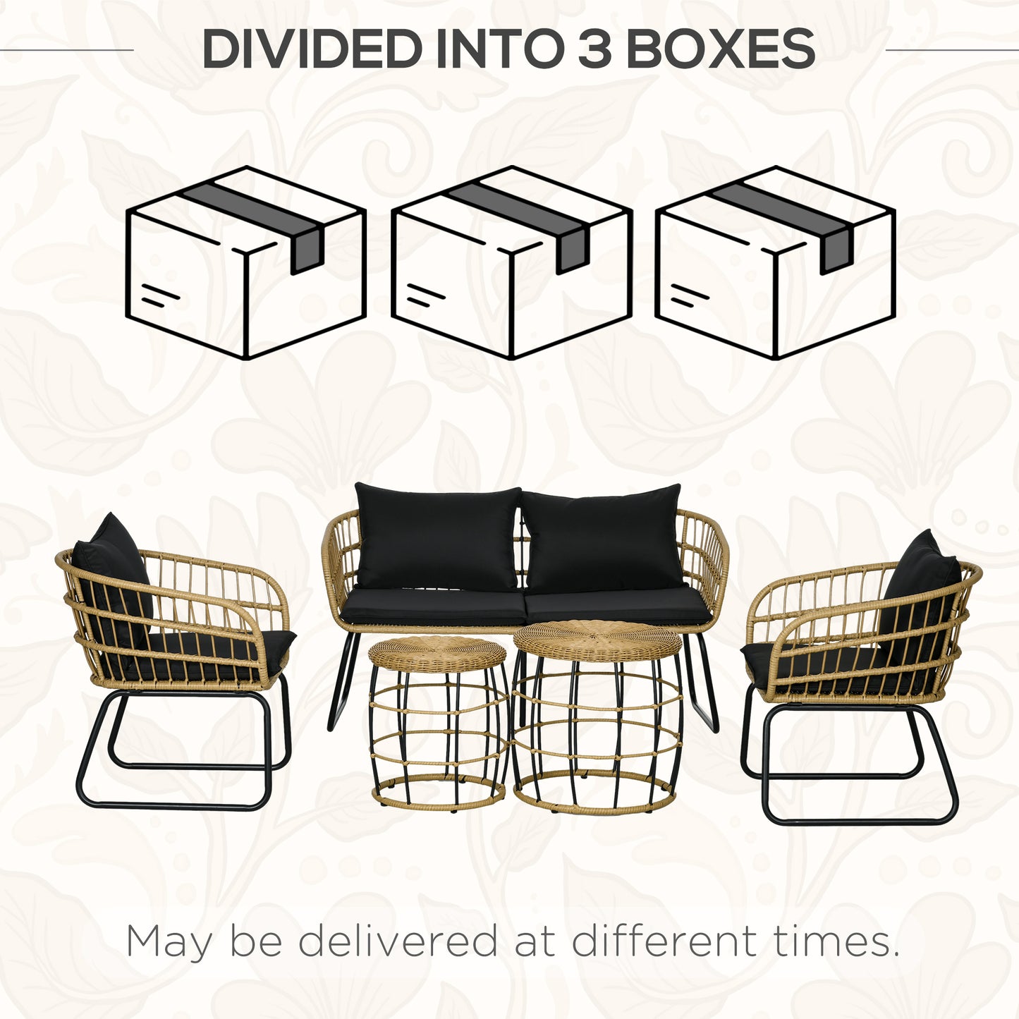 5 Piece PE Rattan Outdoor Furniture Set with Cushioned Chairs, Loveseat Sofa & Stackable Coffee Tables, Black