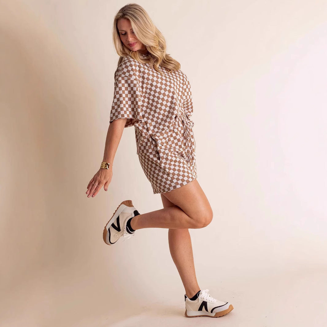 New Comfort Loose Leisure Suit Women's European And American Fashion Plaid Short-sleeved Shirt And Shorts Two-piece Set