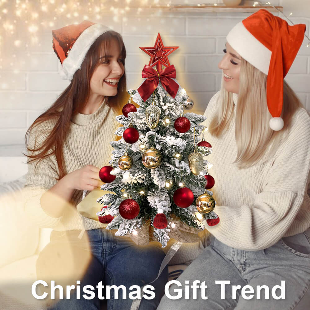 22in Tabletop Artificial Mini Red Christmas Tree With Light With Flocked Snow