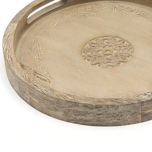 Round Mango Wood Serving Tray Rustic Brown Design For Stylish Entertaining