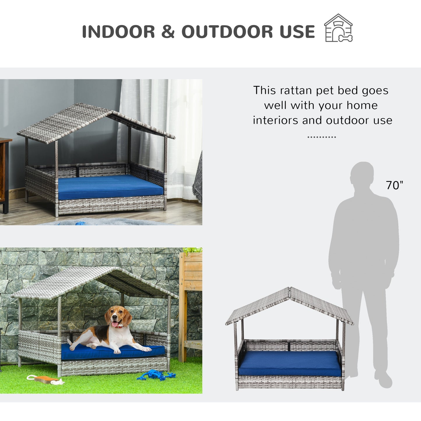Pet House Wicker, For Indoor/Outdoor Rattan Furniture, With Water-Resistant And Removable Cushions, Elevated Bottom, Dark Blue