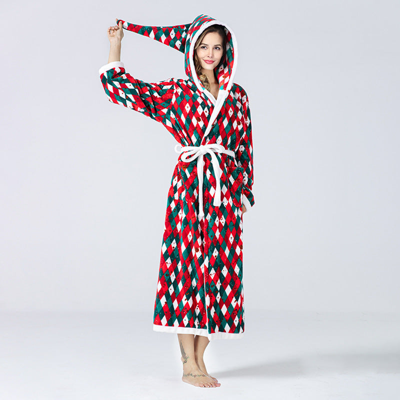 Christmas Plaid Bathrobe Hooded Color Matching