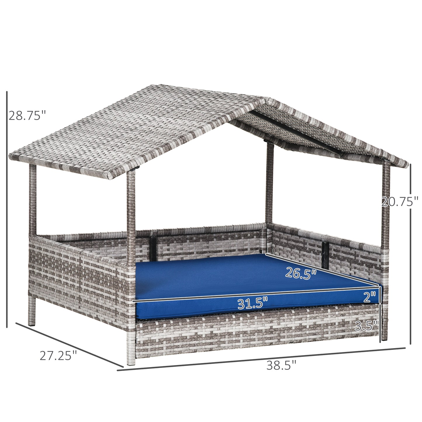 Pet House Wicker, For Indoor/Outdoor Rattan Furniture, With Water-Resistant And Removable Cushions, Elevated Bottom, Dark Blue