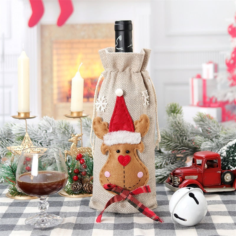 Christmas Holiday Decorations Linen Red Wine Bottle Bag